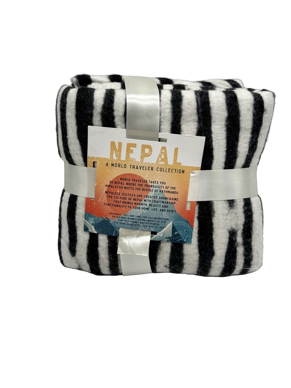 World Traveler Collection Nepal Felted Wool Blanket Black White Stripes 40x60
